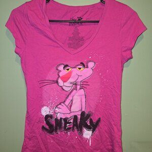 Pink Panther Sneaky T SHIRT Womens Juniors Size Small V-neck Short Sleeve Pink